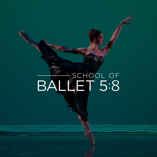 A female dancer dancing beind the School of Ballet 5:8 logo